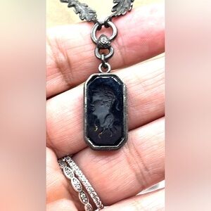 Gorgeous Signed EXTASIA Black Cameo Bead Pearl Necklace Triple Black Chain
